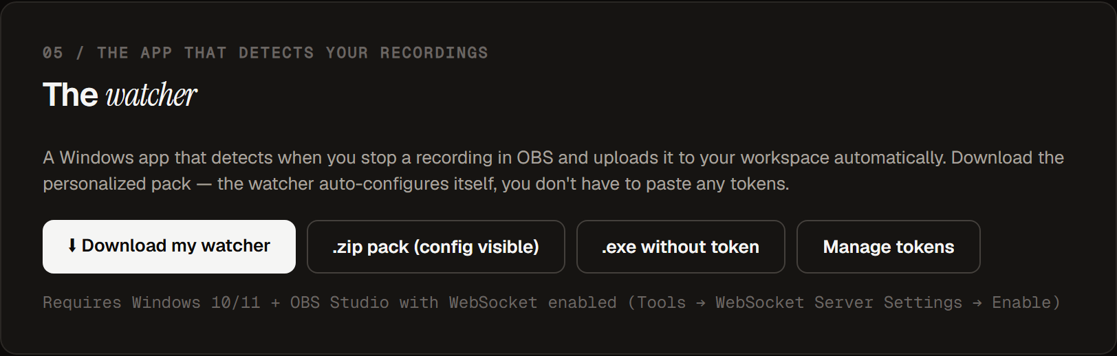 Settings page showing the watcher download buttons