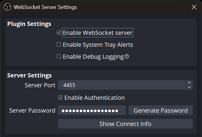 OBS WebSocket Server Settings dialog with Enable WebSocket server ticked